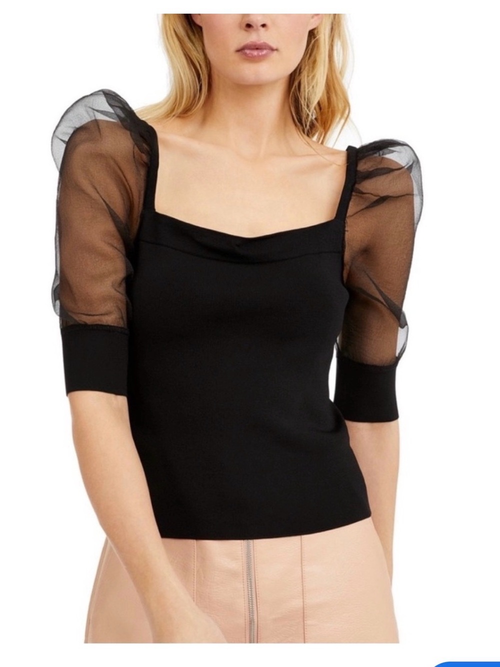 bar III Sheer Puff Sleeve Black Women's Top Size Small